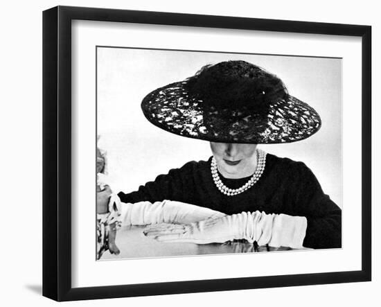 Illustration Showin a Black Lace Straw Ascot Hat, it's Large Crown Swathed with Net, 1955-null-Framed Art Print