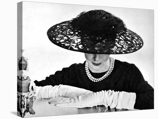 Illustration Showin a Black Lace Straw Ascot Hat, it's Large Crown Swathed with Net, 1955-null-Stretched Canvas