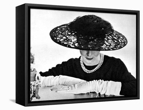 Illustration Showin a Black Lace Straw Ascot Hat, it's Large Crown Swathed with Net, 1955-null-Framed Stretched Canvas