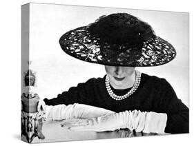 Illustration Showin a Black Lace Straw Ascot Hat, it's Large Crown Swathed with Net, 1955-null-Stretched Canvas