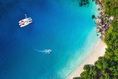 Tropical Beach with Sea and Palm Taken from Drone. Seychelles Famous Shark Beach - Aerial Photo-IM_photo-Photographic Print