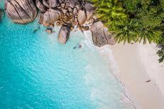 Tropical Beach with Sea and Palm Taken from Drone. Seychelles Famous Shark Beach - Aerial Photo-IM_photo-Photographic Print