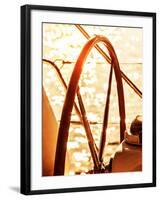 Image of Sailboat Helm on Sunset, Steering Wheel of Yacht, Rudder of Vessel on Sunrise, Sea Transpo-Anna Omelchenko-Framed Photographic Print