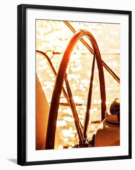 Image of Sailboat Helm on Sunset, Steering Wheel of Yacht, Rudder of Vessel on Sunrise, Sea Transpo-Anna Omelchenko-Framed Photographic Print