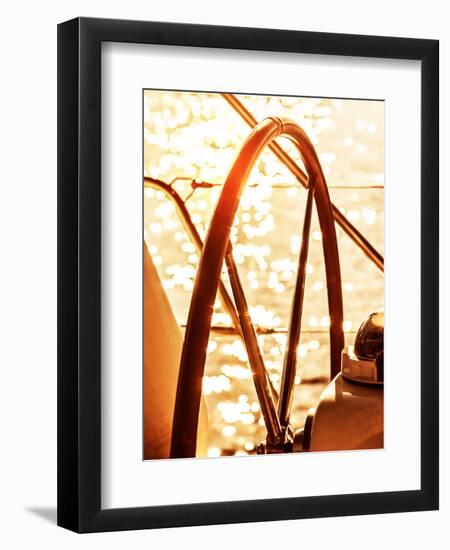 Image of Sailboat Helm on Sunset, Steering Wheel of Yacht, Rudder of Vessel on Sunrise, Sea Transpo-Anna Omelchenko-Framed Photographic Print