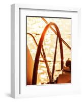 Image of Sailboat Helm on Sunset, Steering Wheel of Yacht, Rudder of Vessel on Sunrise, Sea Transpo-Anna Omelchenko-Framed Photographic Print