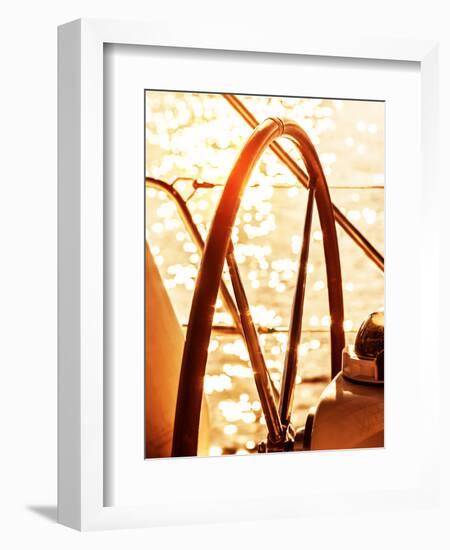 Image of Sailboat Helm on Sunset, Steering Wheel of Yacht, Rudder of Vessel on Sunrise, Sea Transpo-Anna Omelchenko-Framed Photographic Print