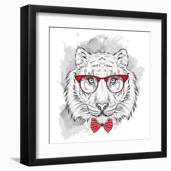 Image Portrait Tiger in the Cravat and with Glasses. Hand Draw Vector Illustration.-Sunny Whale-Framed Art Print