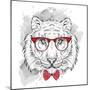 Image Portrait Tiger in the Cravat and with Glasses. Hand Draw Vector Illustration.-Sunny Whale-Mounted Art Print