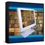 Images of Book Shelves on Computer Screen-null-Framed Stretched Canvas