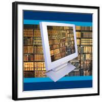 Images of Book Shelves on Computer Screen-null-Framed Photographic Print