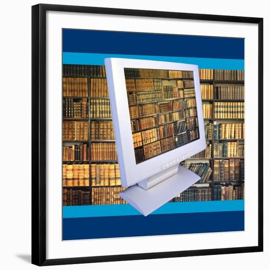 Images of Book Shelves on Computer Screen-null-Framed Photographic Print