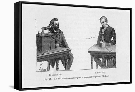 Imaginary Conversation Between Alexander Graham Bell and Elisha Gray Using Their Telephone Devices-P. Fouche-Framed Stretched Canvas