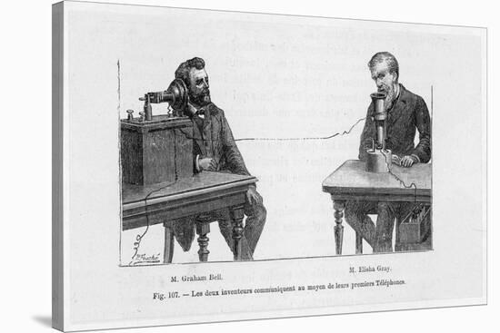 Imaginary Conversation Between Alexander Graham Bell and Elisha Gray Using Their Telephone Devices-P. Fouche-Stretched Canvas