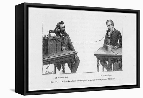 Imaginary Conversation Between Alexander Graham Bell and Elisha Gray Using Their Telephone Devices-P. Fouche-Framed Stretched Canvas