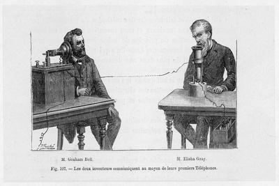 Imaginary Conversation Between Alexander Graham Bell And Elisha Gray Using Their Telephone Devices Posters P Fouche Allposters Com