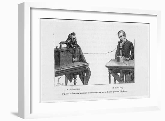 Imaginary Conversation Between Alexander Graham Bell and Elisha Gray Using Their Telephone Devices-P. Fouche-Framed Art Print