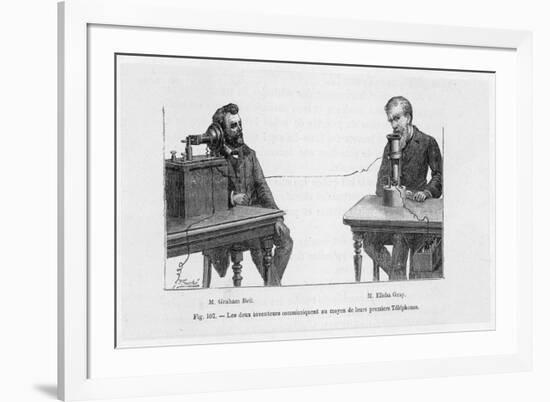 Imaginary Conversation Between Alexander Graham Bell and Elisha Gray Using Their Telephone Devices-P. Fouche-Framed Art Print