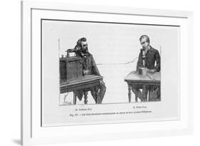 Imaginary Conversation Between Alexander Graham Bell and Elisha Gray Using Their Telephone Devices-P. Fouche-Framed Art Print