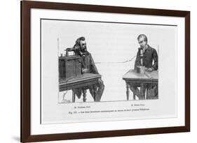 Imaginary Conversation Between Alexander Graham Bell and Elisha Gray Using Their Telephone Devices-P. Fouche-Framed Art Print