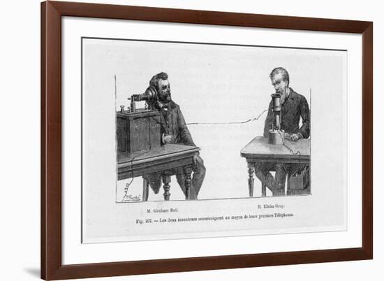 Imaginary Conversation Between Alexander Graham Bell and Elisha Gray Using Their Telephone Devices-P. Fouche-Framed Art Print