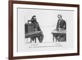 Imaginary Conversation Between Alexander Graham Bell and Elisha Gray Using Their Telephone Devices-P. Fouche-Framed Art Print