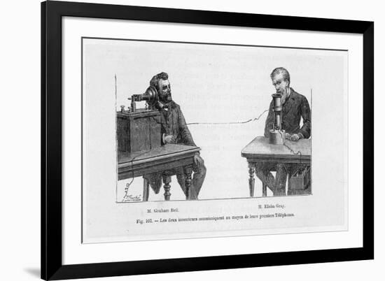 Imaginary Conversation Between Alexander Graham Bell and Elisha Gray Using Their Telephone Devices-P. Fouche-Framed Art Print