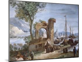 Imaginary View: Port with Ruins and Waterfall-Giuseppe Bernardino Bison-Mounted Giclee Print