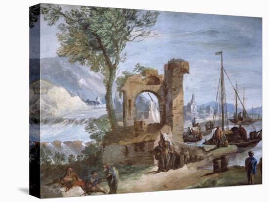 Imaginary View: Port with Ruins and Waterfall-Giuseppe Bernardino Bison-Stretched Canvas