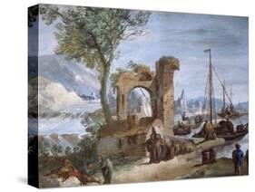 Imaginary View: Port with Ruins and Waterfall-Giuseppe Bernardino Bison-Stretched Canvas