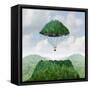 Imagination Concept as a Person Lifting off with a Detached Top of a Mountain Floating up to the Sk-Lightspring-Framed Stretched Canvas