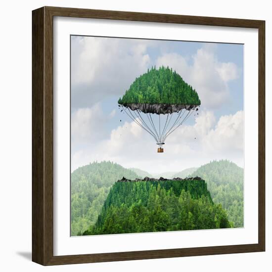 Imagination Concept as a Person Lifting off with a Detached Top of a Mountain Floating up to the Sk-Lightspring-Framed Art Print