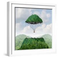 Imagination Concept as a Person Lifting off with a Detached Top of a Mountain Floating up to the Sk-Lightspring-Framed Art Print