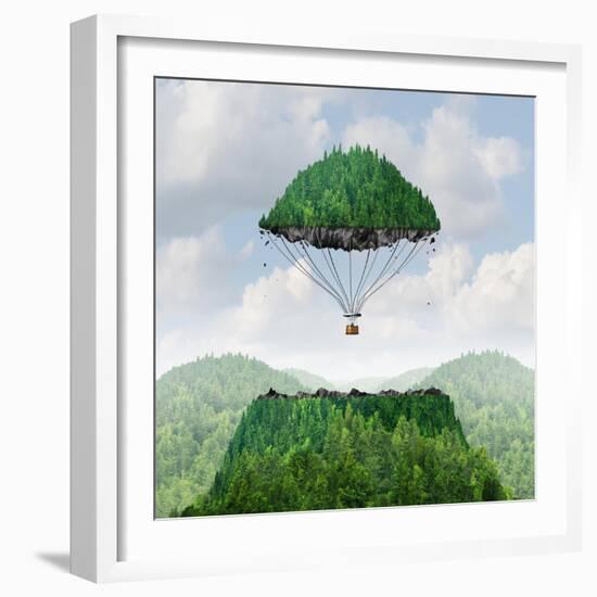 Imagination Concept as a Person Lifting off with a Detached Top of a Mountain Floating up to the Sk-Lightspring-Framed Art Print