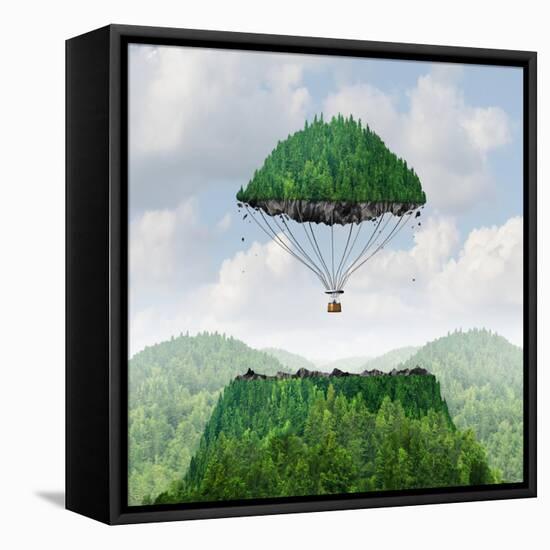 Imagination Concept as a Person Lifting off with a Detached Top of a Mountain Floating up to the Sk-Lightspring-Framed Stretched Canvas