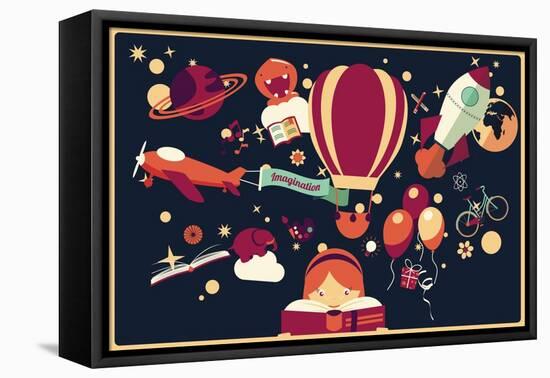 Imagination Concept - Girl Reading a Book with Air Balloon, Rocket and Airplane Flying Out, Night S-BlueLela-Framed Stretched Canvas