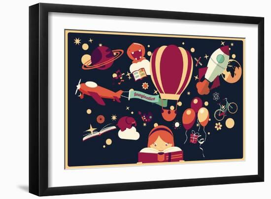 Imagination Concept - Girl Reading a Book with Air Balloon, Rocket and Airplane Flying Out, Night S-BlueLela-Framed Art Print