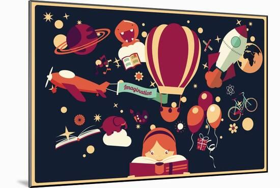 Imagination Concept - Girl Reading a Book with Air Balloon, Rocket and Airplane Flying Out, Night S-BlueLela-Mounted Art Print