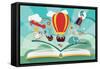 Imagination Concept - Open Book with Air Balloon, Rocket and Airplane Flying Out-BlueLela-Framed Stretched Canvas