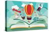 Imagination Concept - Open Book with Air Balloon, Rocket and Airplane Flying Out-BlueLela-Stretched Canvas