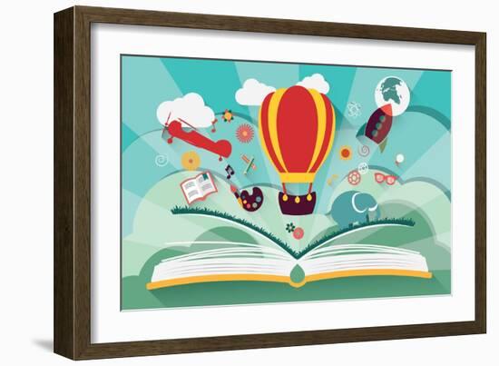 Imagination Concept - Open Book with Air Balloon, Rocket and Airplane Flying Out-BlueLela-Framed Art Print