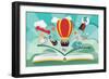 Imagination Concept - Open Book with Air Balloon, Rocket and Airplane Flying Out-BlueLela-Framed Art Print