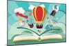 Imagination Concept - Open Book with Air Balloon, Rocket and Airplane Flying Out-BlueLela-Mounted Art Print