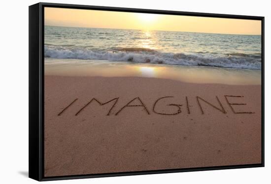 Imagine Written in the Sand on a Sunset Beach.-Hannamariah-Framed Stretched Canvas