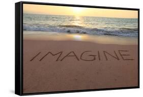 Imagine Written in the Sand on a Sunset Beach.-Hannamariah-Framed Stretched Canvas