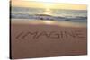 Imagine Written in the Sand on a Sunset Beach.-Hannamariah-Stretched Canvas
