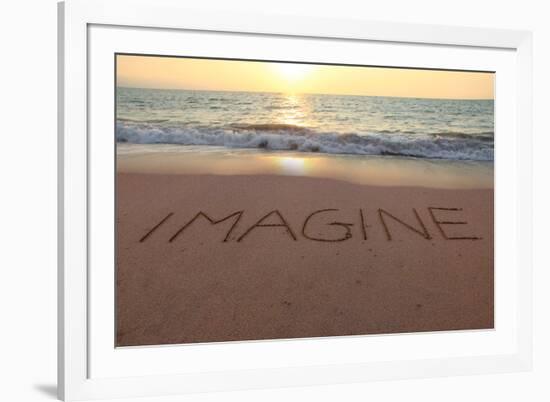 Imagine Written in the Sand on a Sunset Beach.-Hannamariah-Framed Photographic Print