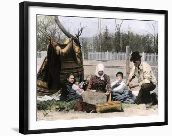 Immigrant Family Cutting Seed Potatoes to Plant on Their Quarter-Acre in Michigan, 1890s-null-Framed Giclee Print