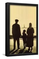 Immigrant Family Looking At Statue Of Liberty From Ellis Island-null-Framed Poster