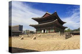 Imperial Throne Hall (Geunjeongjeon) with Modern City Skyline , Seoul, South Korea-Eleanor Scriven-Stretched Canvas